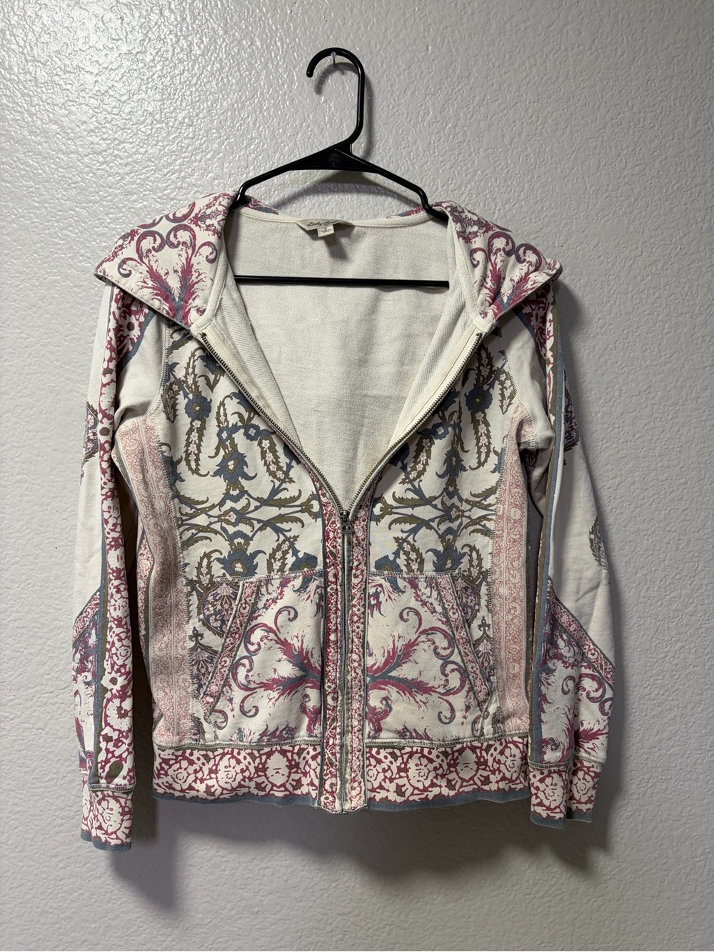 Lucky Brand Cream and Pink Patterned Zip Hoodie Jacket